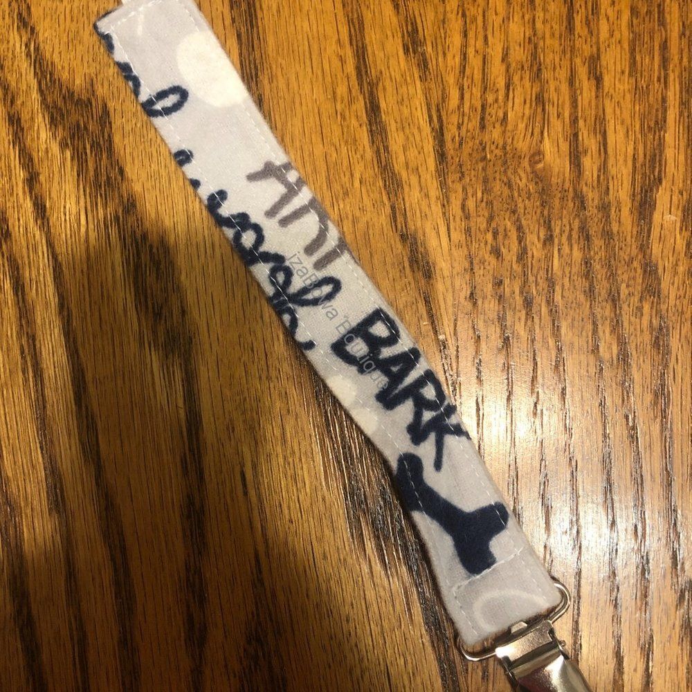 Grey with Blue Bark Words Pacifier Clip PC1182 Handmade NWT Boutique